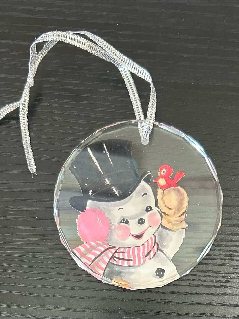 Clear Round Snowman Ornament with Red Bird and Pink Accents